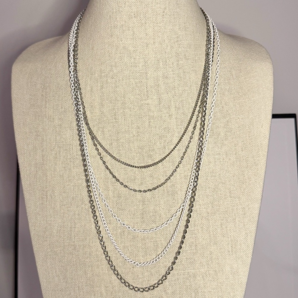 Vintage white enamel silver tone multi chain layered necklace box clasp 26”